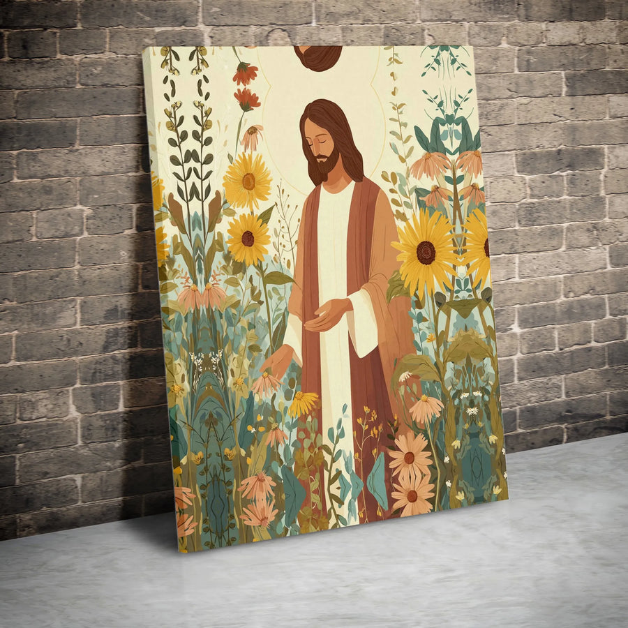 Jesus Wall Art Canvas | Jesus Christ in Sunflower Field Botanical Print | Premium Matte Canvas | Christian Home Decor Gift