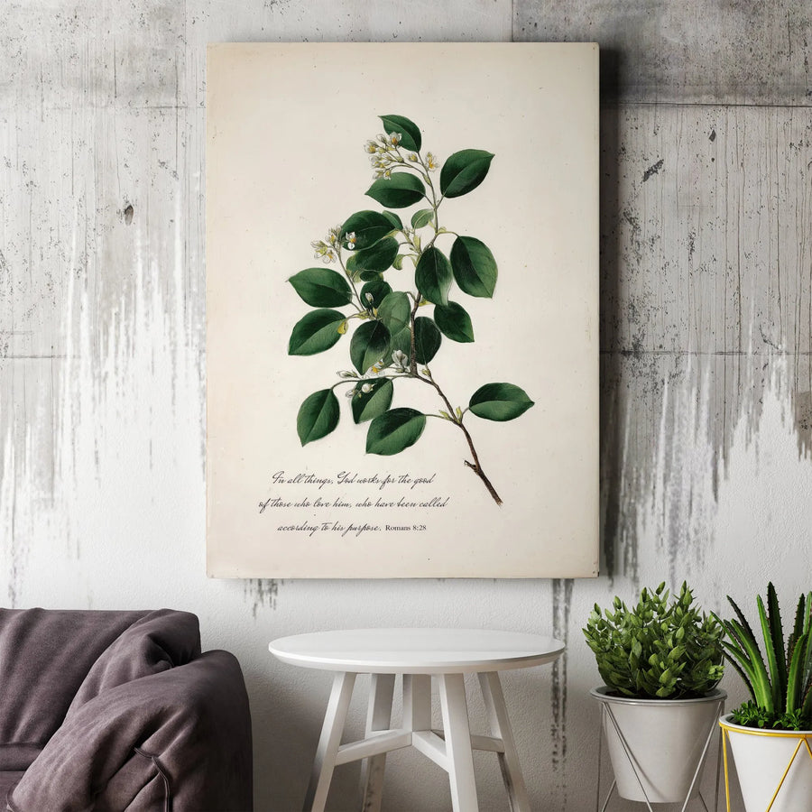 Romans 8:28 Vertical Canvas | Vintage Botanical Bible Verse Art | Premium Gallery Wrapped Print | Christian Faith Home Decor Gift