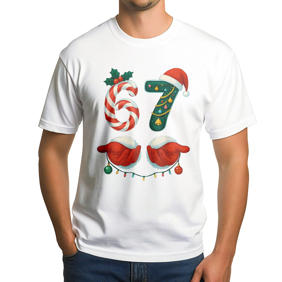 67 Christmas T-Shirt | Candy Cane Number Design | Premium Soft Cotton Blend | Funny Holiday Meme Gift for Gen Alpha and Teens