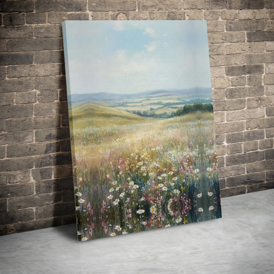 Wildflower Meadow Landscape Canvas | Impressionist Rolling Hills Wall Art | Premium Gallery-Wrapped Print | Nature Decor For Home Or Office