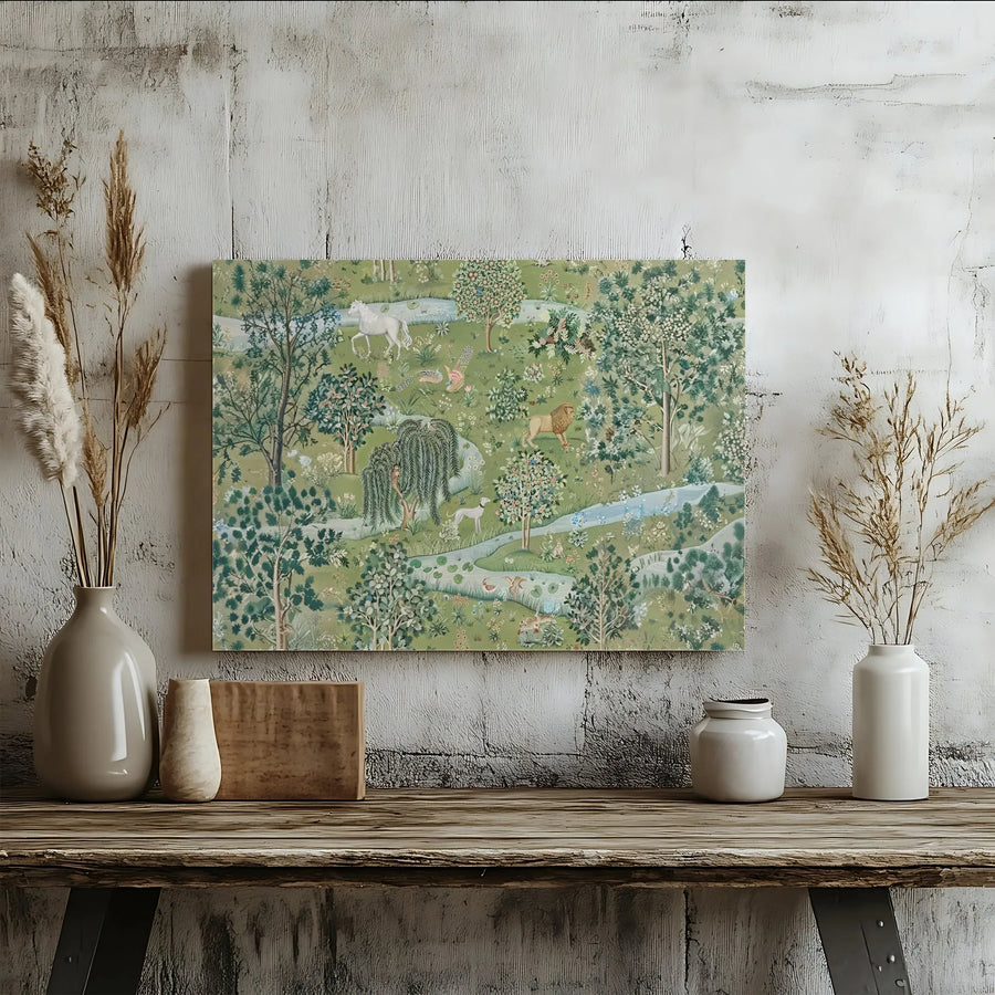 Millefleurs Mythical Forest Canvas Wall Art | Medieval Unicorn and Lion Tapestry Style Print | Gallery Wrapped Premium Canvas | Whimsical Home Decor Gift
