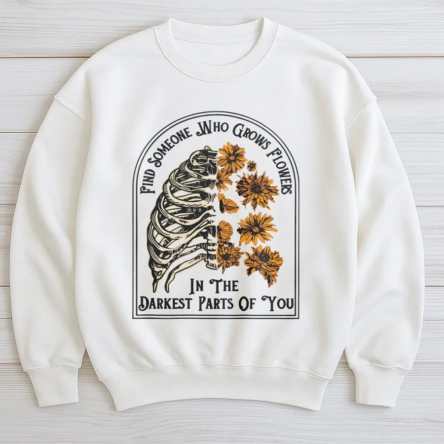 Floral Skeleton Sweatshirt | Vintage Rib Cage Graphic with Flowers | Premium Cotton Tee | Romantic Quote Gift for Dark Academia Fans