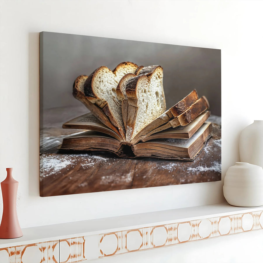 Bread Book Canvas Wall Art | Surreal Still Life Photography | Premium Gallery Wrapped Canvas | Unique Kitchen Decor Gift for Bakers & Readers