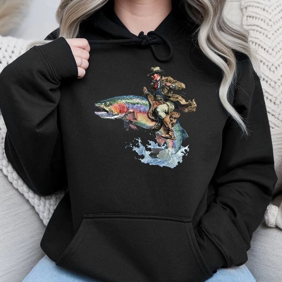 Cowboy Riding Trout Hoodie | Vintage Western Fishing Graphic | Premium Cotton Blend | Funny Gift for Fisherman Angler