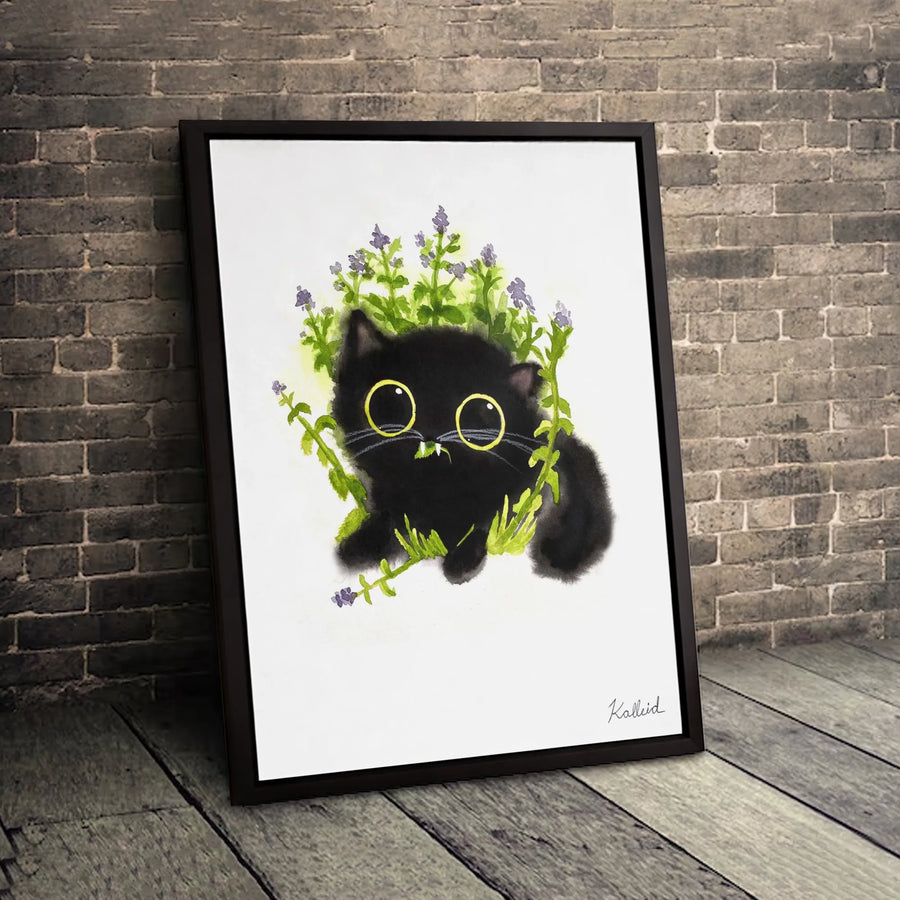 Black Cat Wall Art | Cute Kitten Watercolor Print | Premium Gallery-Wrapped Canvas | Whimsical Home Decor Gift for Cat Lovers