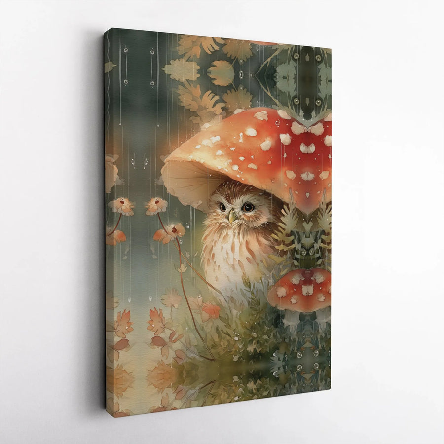 Whimsical Owl Canvas Print | Watercolor Woodland Animal Art Under Mushroom | Premium Canvas | Nursery Decor & Forest Theme Gift