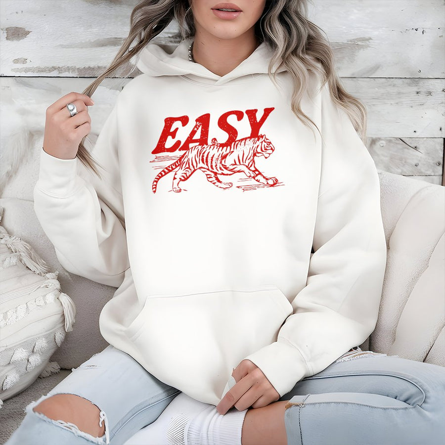 Easy Tiger Graphic Hoodie | Retro Distressed Animal Print | Premium Cotton-Poly Blend | Unisex Casual Pullover Gift for Animal Lovers