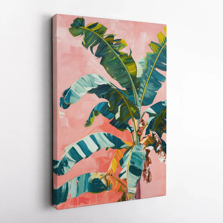 Tropical Banana Leaf Canvas Art | Pink Abstract Botanical Wall Decor | Gallery-Wrapped Premium Print | Modern Living Room Home Gift
