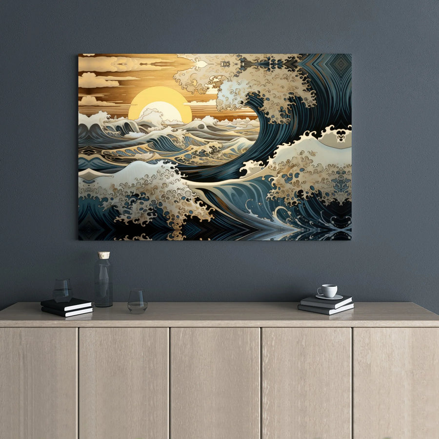 Japanese Great Wave Canvas Wall Art | Golden Sunset Ukiyo-E Inspired Design | Premium 1.25 Inch Gallery Wrap | Elegant Home & Office Decor
