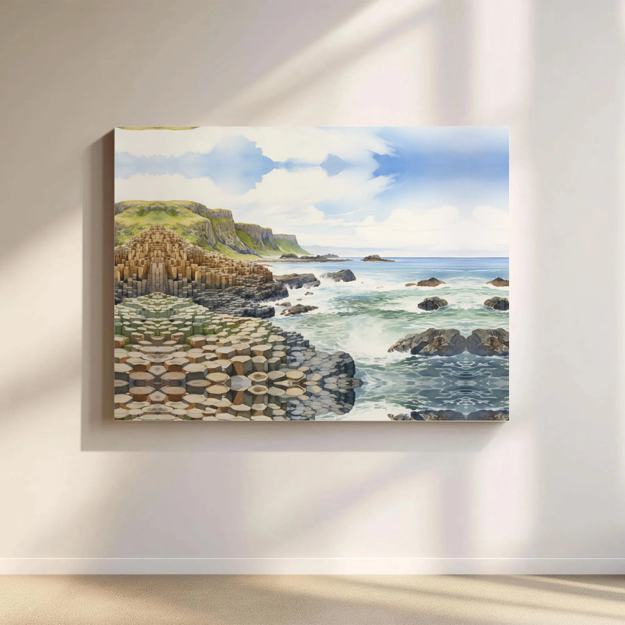 Giant's Causeway Canvas Wall Art | Watercolor Irish Coastline Print | Premium Gallery Wrapped Canvas | Ireland Travel Souvenir & Home Decor Gift