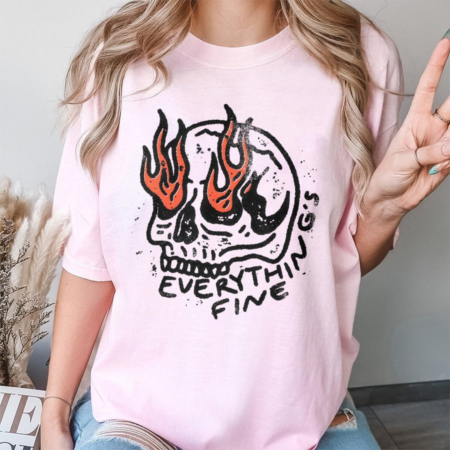 Everything Is Fine T-Shirt | Burning Skull Graphic Print | 100% Cotton Premium Quality | Edgy Grunge Rock Apparel Gift