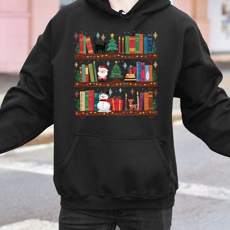 Christmas Bookshelf Hoodie | Festive Librarian Book Stack Design | Cotton-Poly Blend Premium Quality | Cozy Holiday Gift for Readers