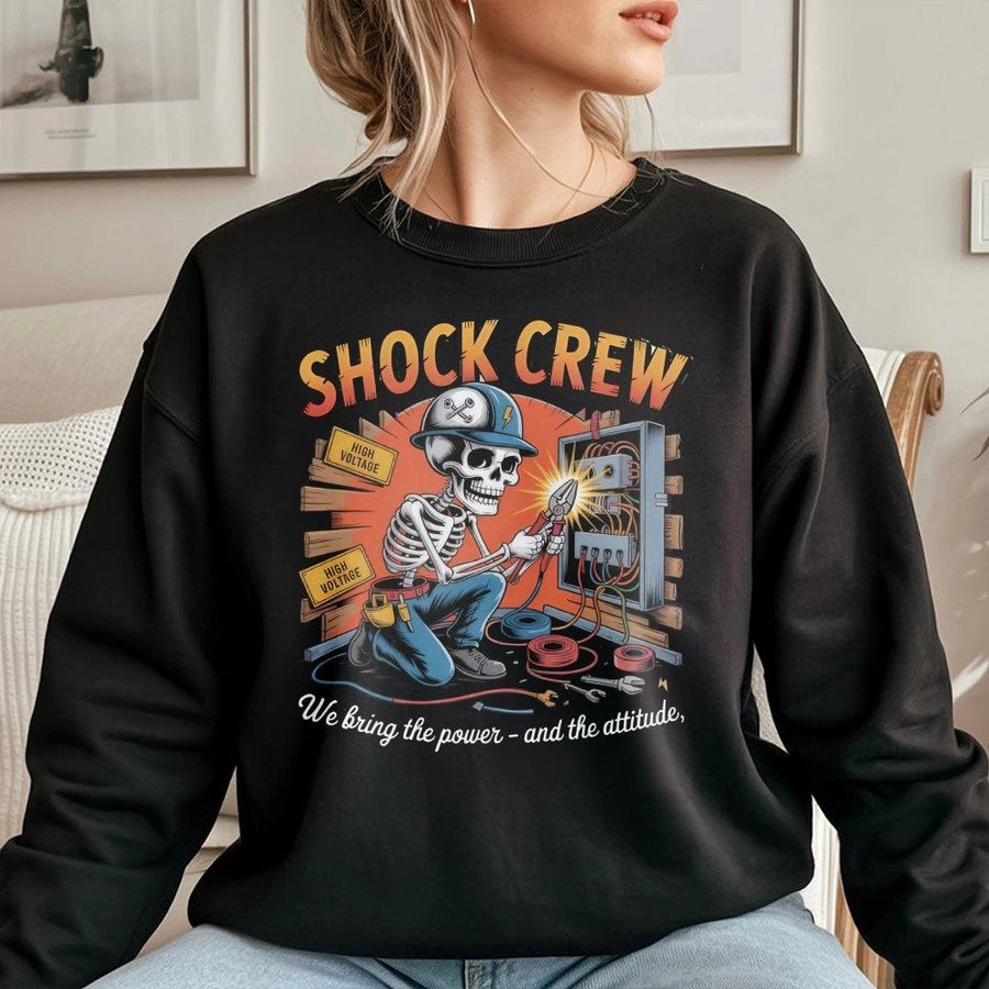 Electrician Sweatshirt | Shock Crew Skeleton Lineman Graphic | Premium Cotton Blend Workwear | Funny Gift For Electrical Contractor Tradesmen