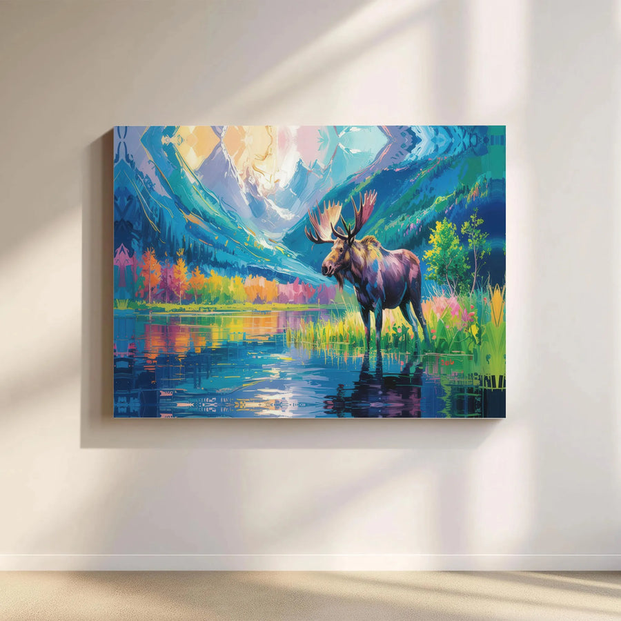 Vibrant Moose Canvas Print | Colorful Abstract Mountain Scene | Premium Fade-Resistant Art | Living Room & Cabin Decor Gift