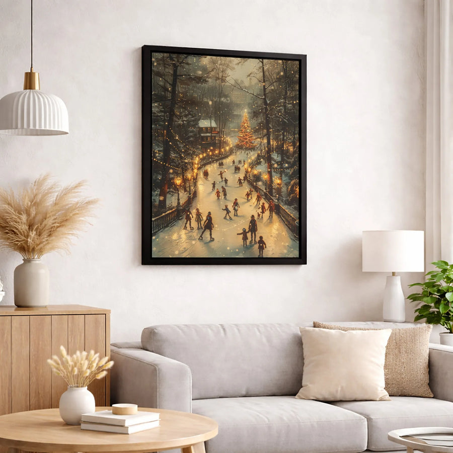 Vintage Christmas Skating Scene Canvas | Nostalgic Winter Park Wall Art | Premium Gallery-Wrapped Print | Festive Holiday Home Decor Gift