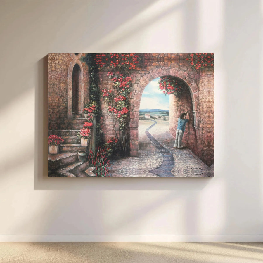 Tuscan Village Canvas Print | Romantic Italian Archway Landscape with Red Flowers | 1.25 Inch Gallery Wrap | Premium Wall Art for Home Decor
