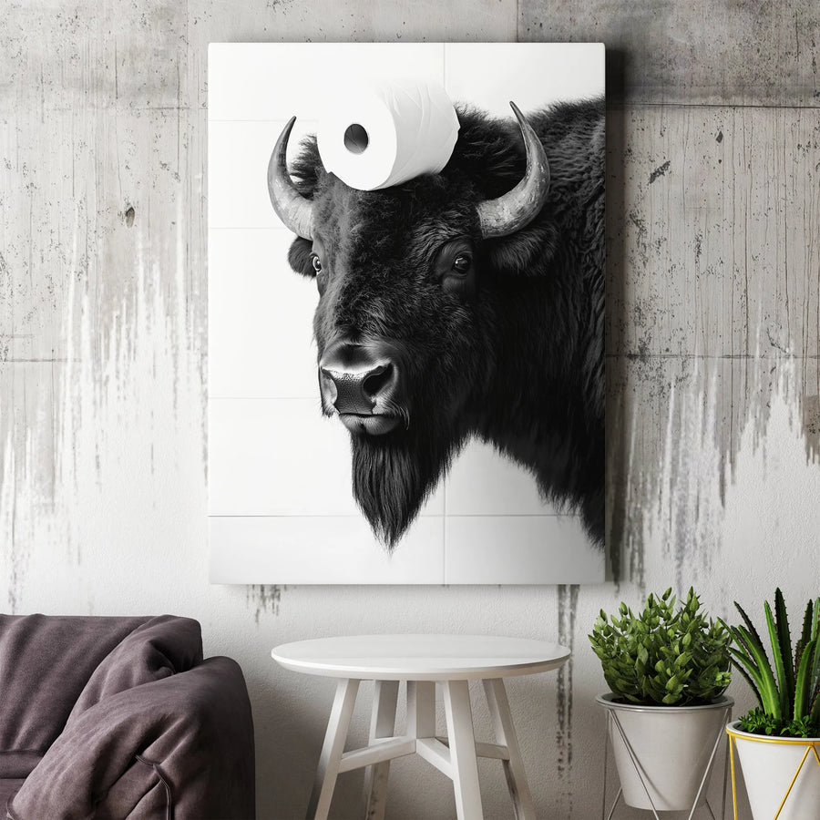 Funny Bison Canvas Wall Art | Black and White Buffalo with Toilet Paper | Premium Gallery Wrap | Unique Bathroom Decor Gift