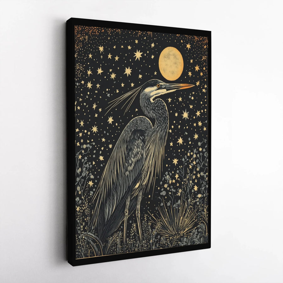 Great Blue Heron Canvas Wall Art | Celestial Moon and Stars Graphic | Premium Fade-Resistant Gallery Wrap | Mystical Nature Home Decor Gift