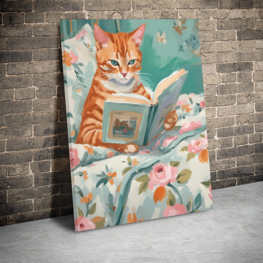 Orange Cat Reading Book Canvas Art | Whimsical Floral Bedside Painting | Gallery Wrapped 1.25 Inch Thick Premium Decor | Perfect Gift For Cat Lovers