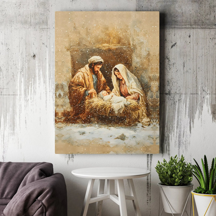 Nativity Scene Canvas Wall Art | Snowy Holy Family Religious Decor | Premium Gallery Wrap Print | Christian Christmas Gift For Home