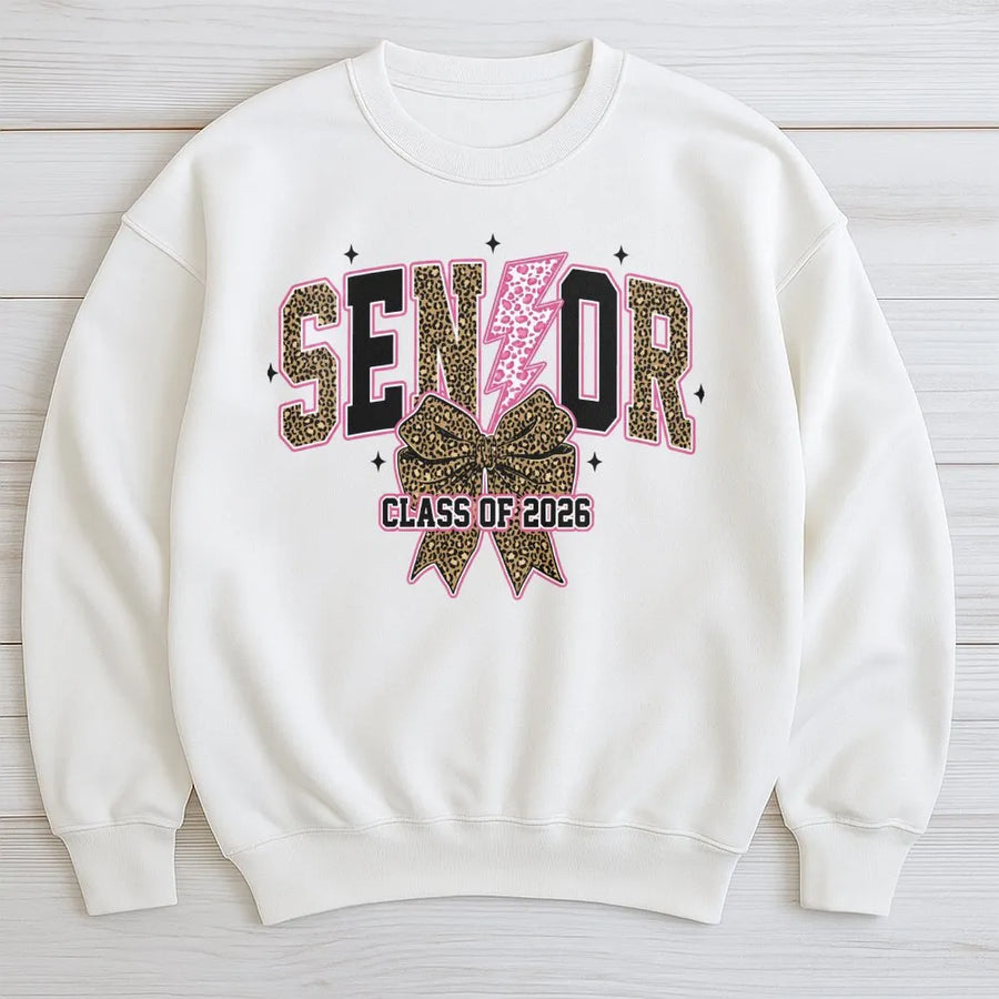 Senior 2026 Sweatshirt | Leopard Print Bow Lightning Graphic | Premium Cotton Blend Crewneck | Graduation Gift for High School Student