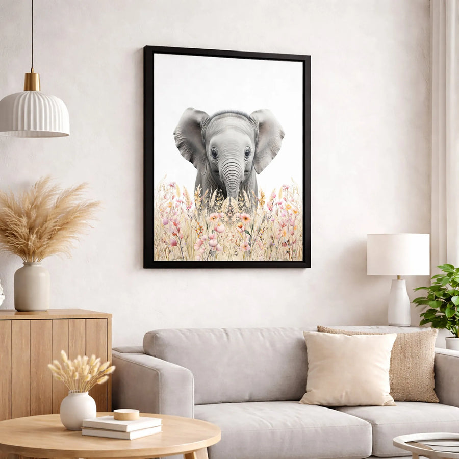 Baby Elephant Wall Art | Wildflower Meadow Nursery Decor | Premium Gallery Wrap Canvas | Cute Animal Safari Gift for Kids Room