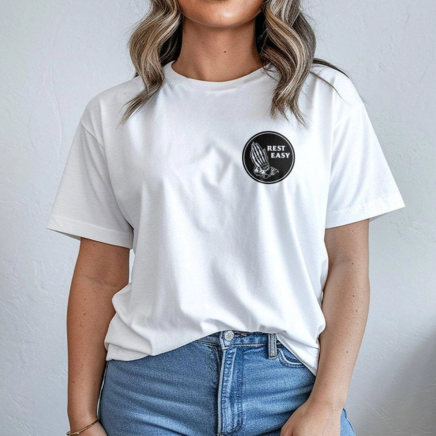 Rest Easy Skeleton T-Shirt | Gothic Praying Hands Graphic | Premium Cotton Unisex Apparel | Edgy Aesthetic Streetwear Gift For Men And Women