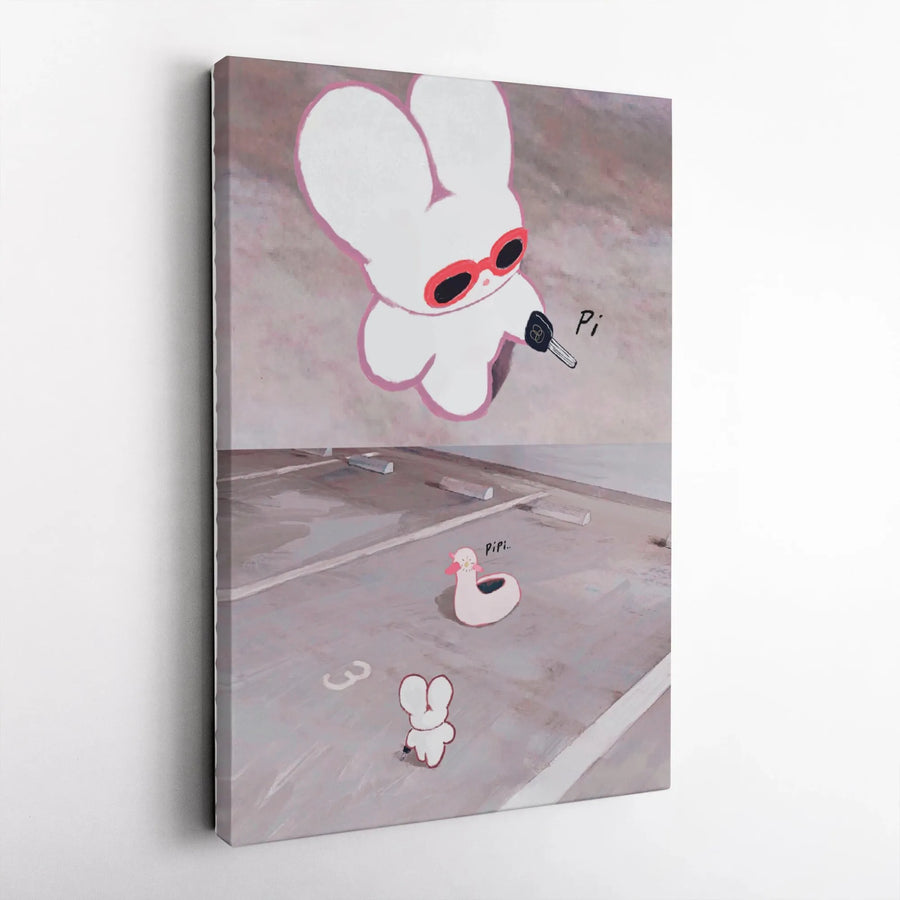 Cute Bunny Vertical Canvas | Surreal Parking Lot Art with Red Sunglasses | Premium Thick Gallery Wrap Canvas | Modern Home & Office Decor Gift