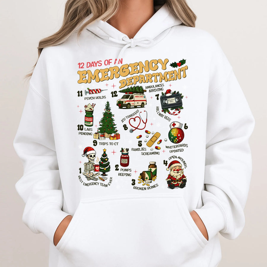 12 Days of Emergency Department Hoodie | Funny ER Nurse Christmas Sweater Design | Premium Cotton Blend | Gift for Doctors & Medical Staff