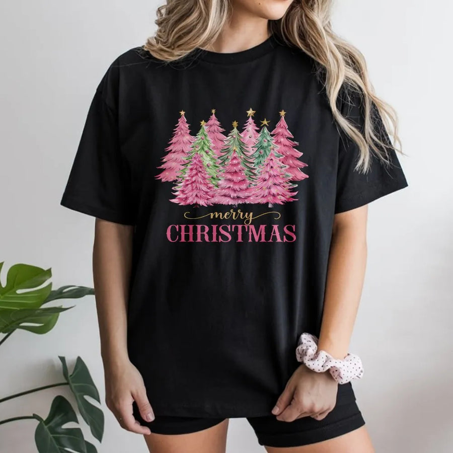 Pink Christmas Tree T-Shirt | Watercolor Festive Holiday Graphic | Premium Soft Cotton Tee | Cute Merry Christmas Gift For Women & Girls