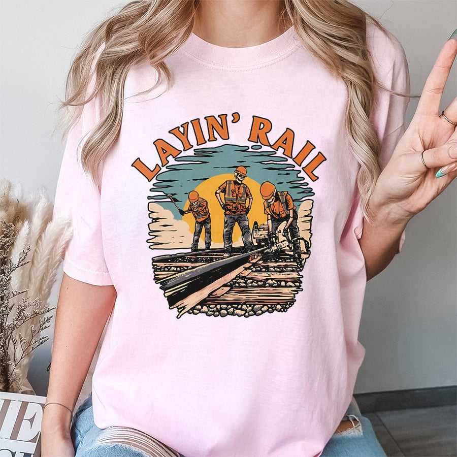 Railroad Worker T-Shirt | Layin' Rail Vintage Track Crew Design | Premium 100% Cotton Tee | Gift for Train Enthusiasts and Rail Employees