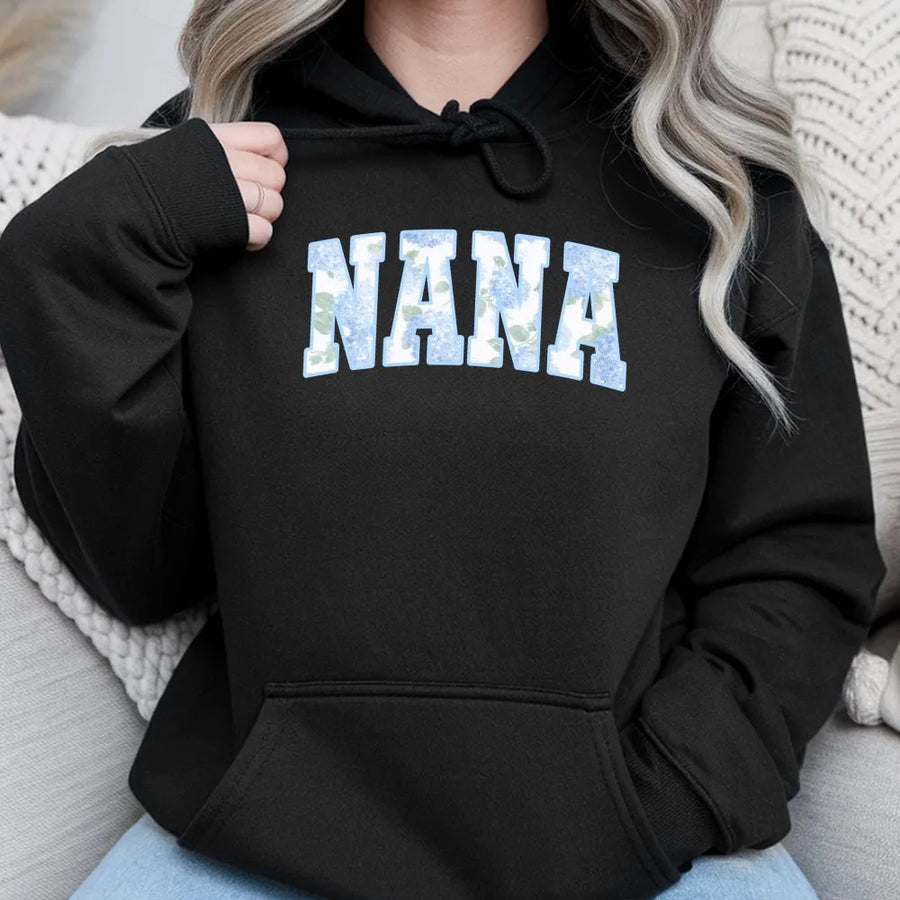 Nana Hoodie | Blue Hydrangea Floral Varsity Letters | Premium Cotton Blend | Mother's Day Gift for Grandmother, Preppy Grandma Apparel