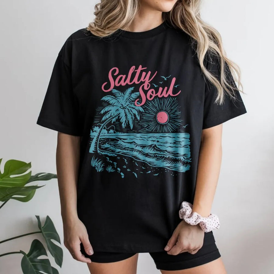 Salty Soul T-Shirt | Retro Summer Beach Graphic | Premium Cotton Blend Pullover | Tropical Vacation Gift for Beach Lovers