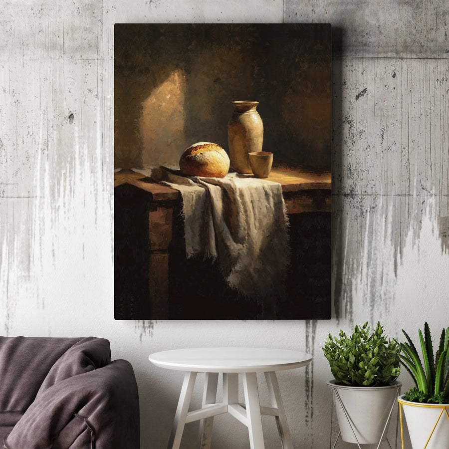 Eucharist Still Life Canvas Wall Art | Christian Bread and Wine Painting | Premium Gallery Wrapped Canvas | Spiritual Home Decor Gift