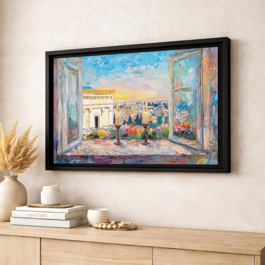 Jerusalem View Canvas Art | Impressionist Window Scene with Shabbat Candles | Gallery Wrap Premium Print | Jewish Home Decor Gift