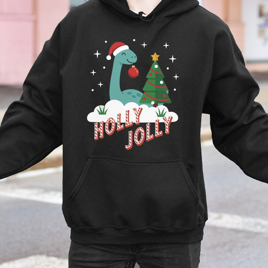 Holly Jolly Dinosaur Christmas Hoodie | Cute Dino Graphic Sweater | Premium Cotton-Blend Apparel | Festive Gift for Kids and Adults