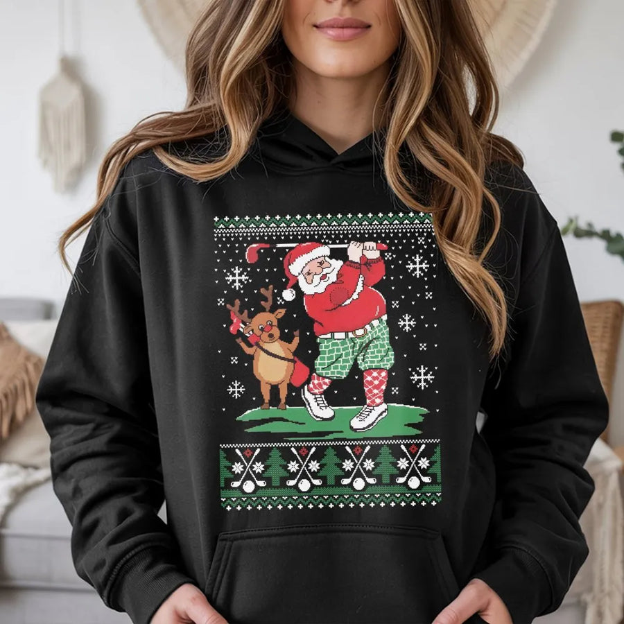 Santa Golf Ugly Christmas Hoodie | Funny Reindeer Golfer Graphic | Premium Cotton Blend Sweatshirt | Holiday Gift for Golfers Men Women