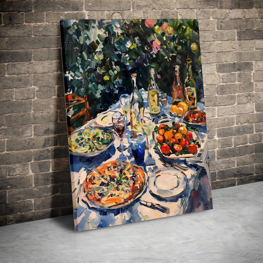 Italian Dining Canvas Wall Art | Impressionist Pizza and Wine Scene | Premium 1.25" Gallery Wrap | Kitchen and Dining Room Decor Gift