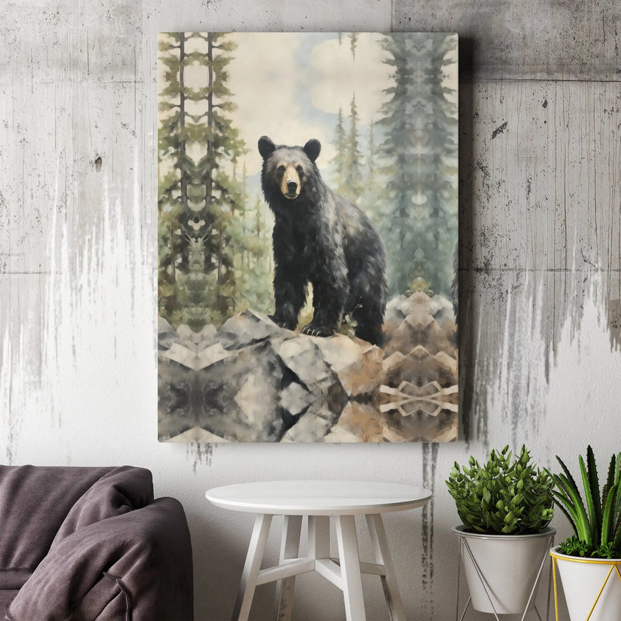 Black Bear Canvas Wall Art | Rustic Pine Forest Illustration | Premium Gallery Wrapped Canvas | Cabin Decor Gift for Nature Lovers