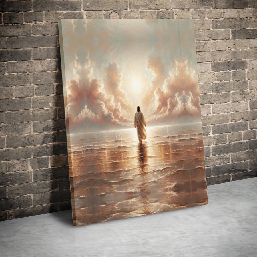 Jesus Walking On Water Canvas | Serene Sunrise Religious Wall Art | Premium Gallery Wrapped Print | Christian Home Decor Gift
