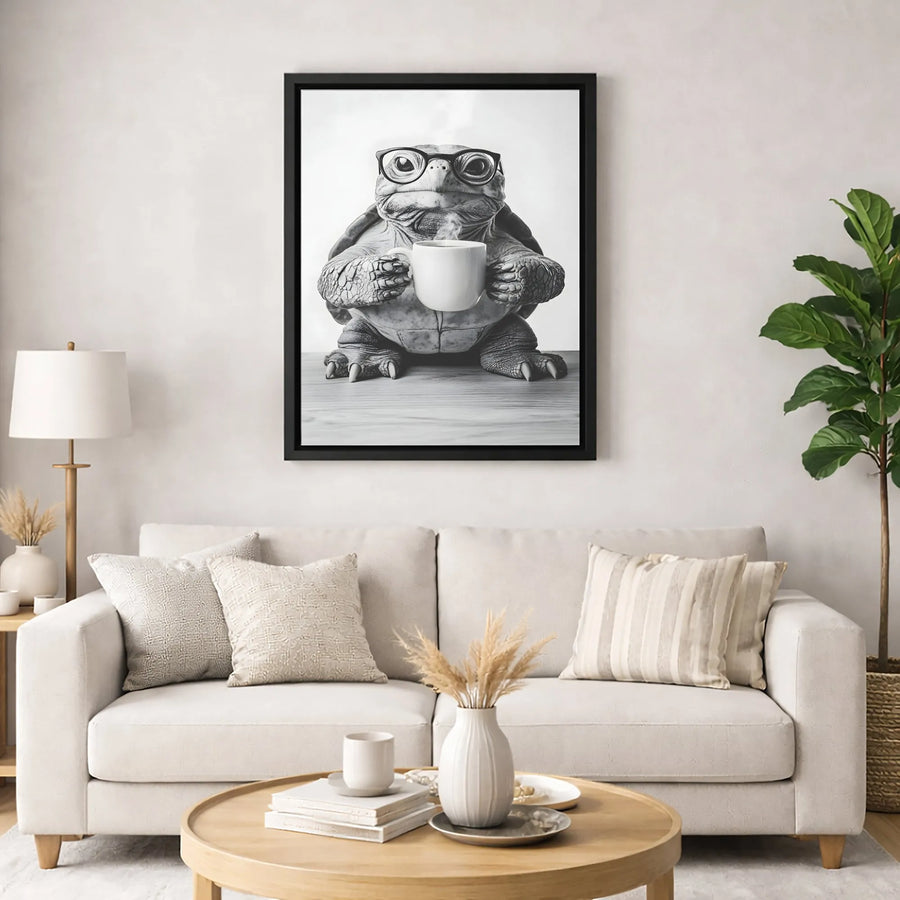 Tortoise With Glasses Canvas Print | Whimsical Animal Drinking Coffee Wall Art | Premium 1.25" Gallery Wrap | Unique Office & Home Decor Gift