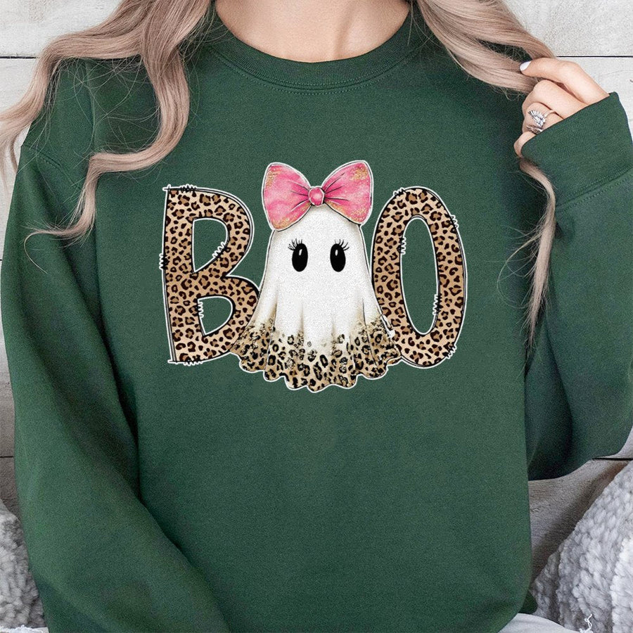 Ghost Boo Sweatshirt | Preppy Leopard Print Coquette Bow | Premium Cotton Blend | Trendy Halloween Gift for Women and Teens