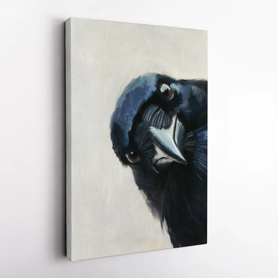Crow Canvas Wall Art | Modern Painterly Black Bird Portrait | Premium Gallery Wrapped Print | Moody Gothic Decor Gift for Bird Lovers