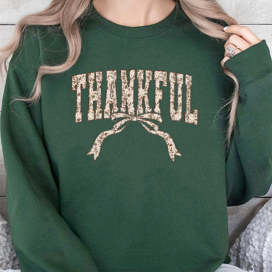 Thankful Floral Bow Sweatshirt | Coquette Thanksgiving Aesthetic | Premium Cotton Blend | Fall Gift for Women and Friends