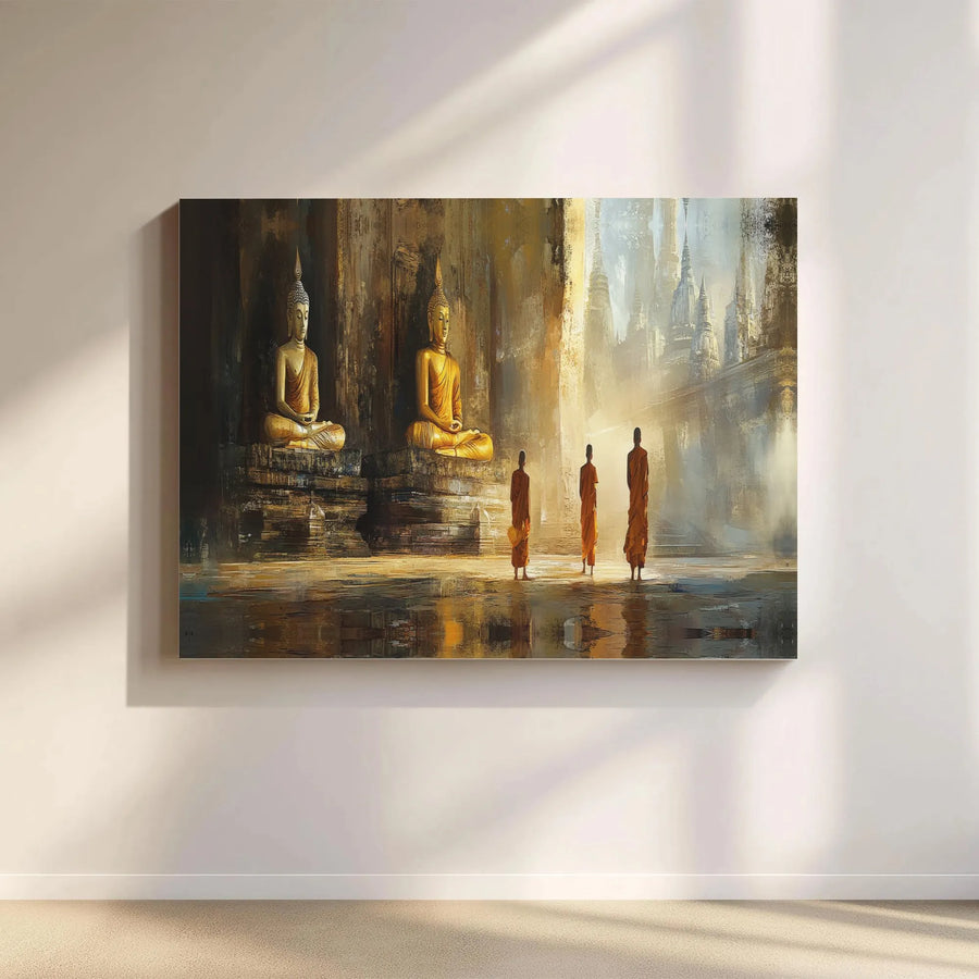 Buddhist Monk Canvas Wall Art | Golden Buddha Temple Scene | Gallery Quality Fade-Resistant Print | Zen Home Decor Meditation Room Gift