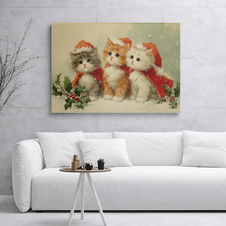 Three Kittens Christmas Canvas Wall Art | Vintage Style Cute Cat Holiday Decor | Premium Gallery Wrap Print | Festive Gift for Cat Lovers