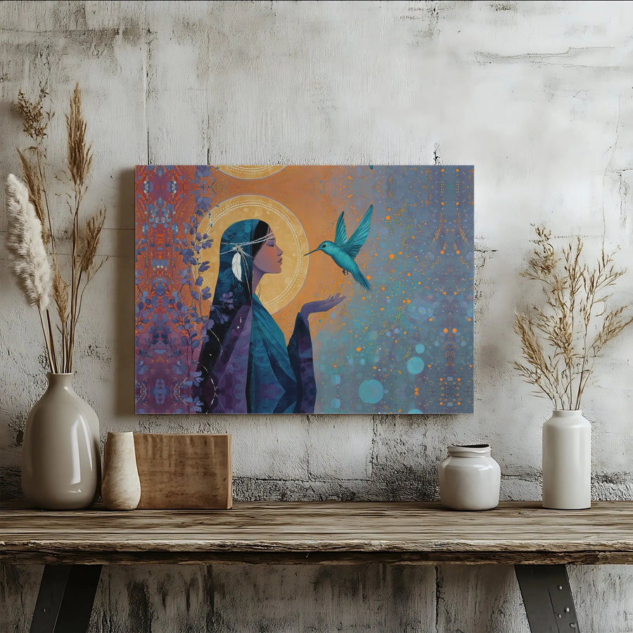 Indigenous Woman Hummingbird Canvas Print | Spiritual Native American Wall Art | Premium Fade-Resistant Gallery Wrap | Boho Home Decor Gift