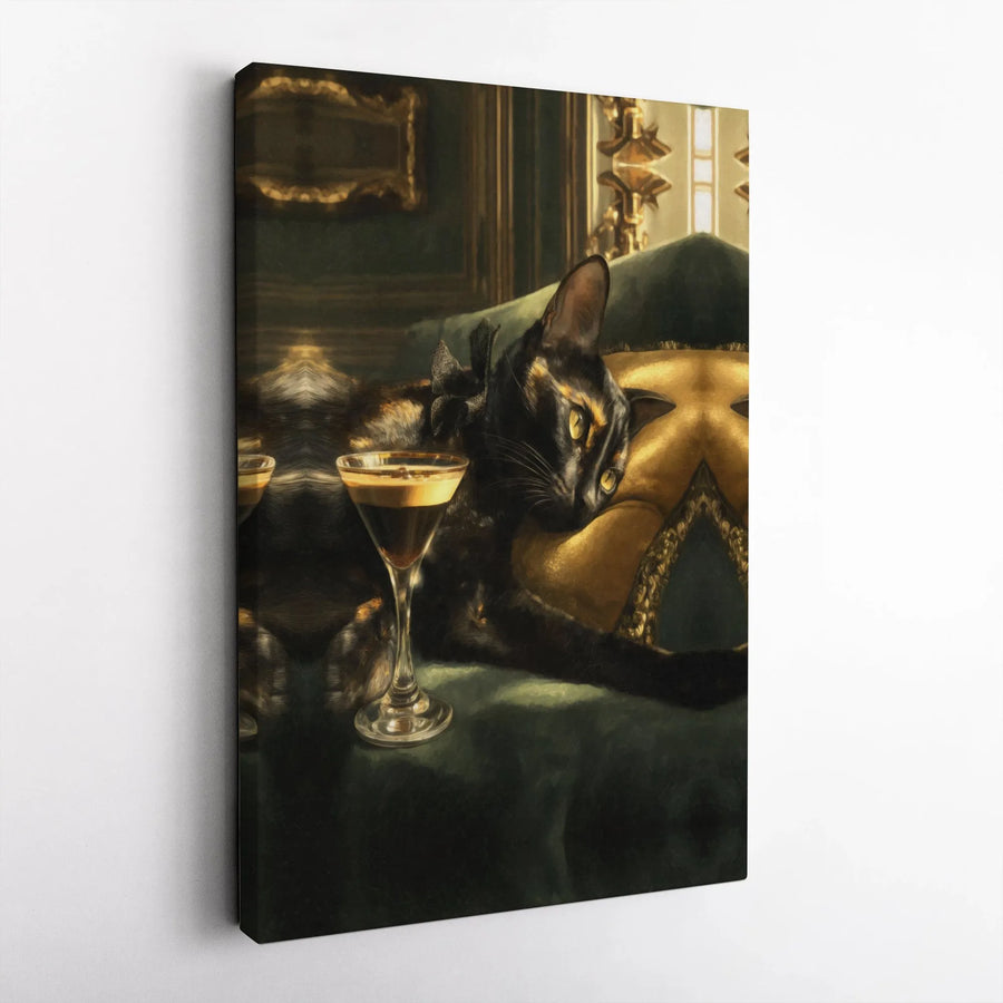 Dark Academia Cat Canvas Art | Renaissance Style Tortoiseshell with Espresso Martini | Premium Framed Wall Decor | Unique Gift for Cat Lover & Bar Cart