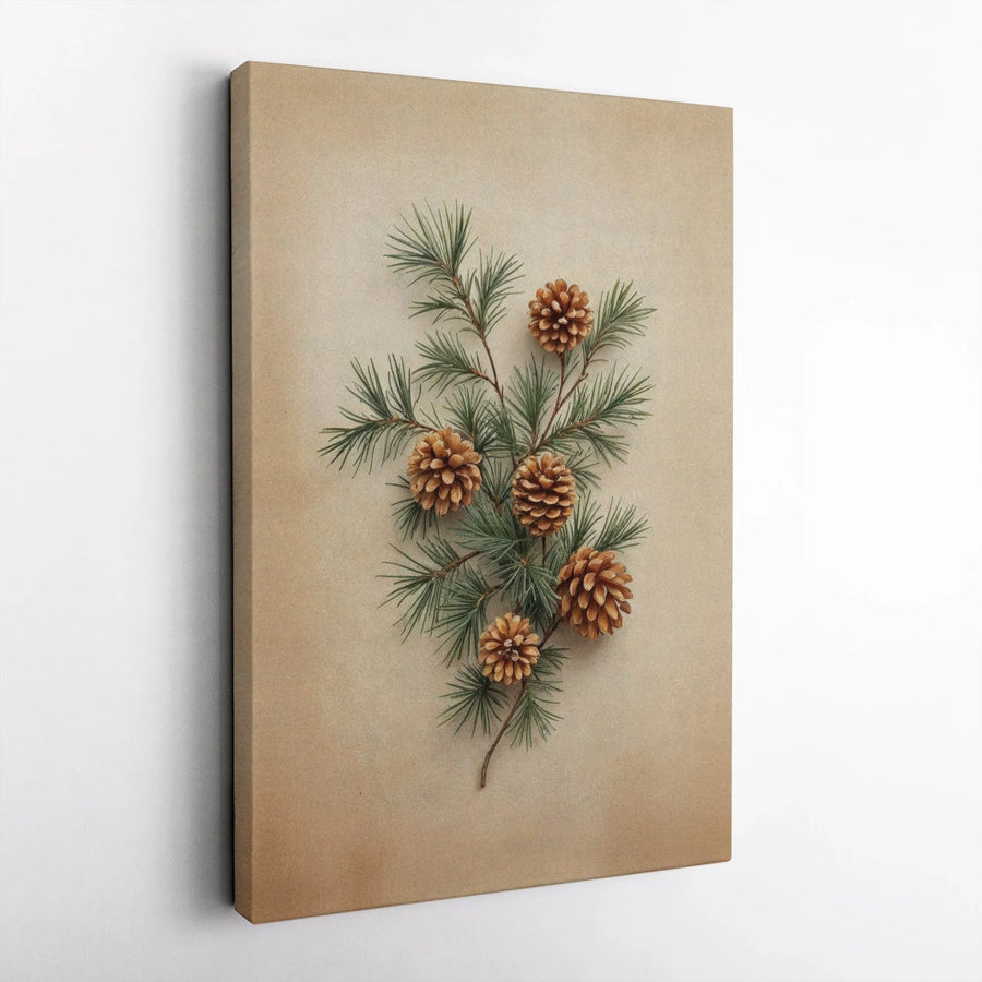 Pine Branch Botanical Wall Art | Vintage Pinecone Illustration | Premium 1.25-Inch Gallery Canvas | Rustic Farmhouse Home Decor Gift