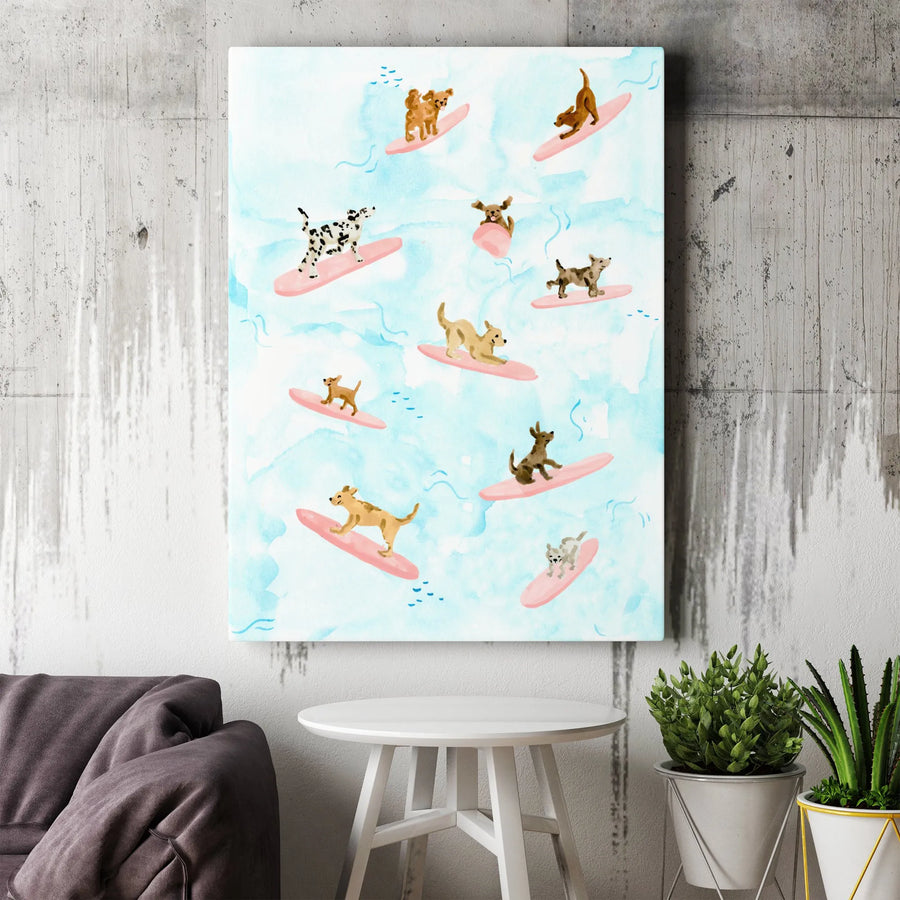 Surfing Dogs Canvas Wall Art | Watercolor Puppy Beach Scene | Premium Thick Gallery Wrap Canvas | Gift for Dog Lover, Coastal Nursery Decor